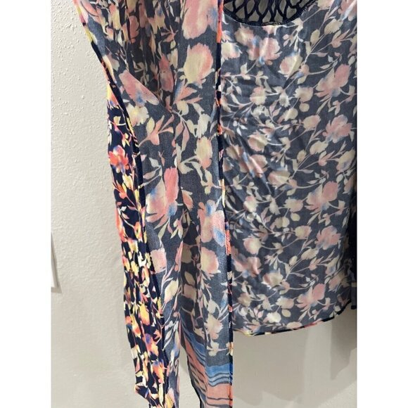 COLLEEN LOPEZ WOMENS multicolor FLORAL KIMONO TOPPER OPEN FRONT COVER UP CROCHET - Picture 8 of 8